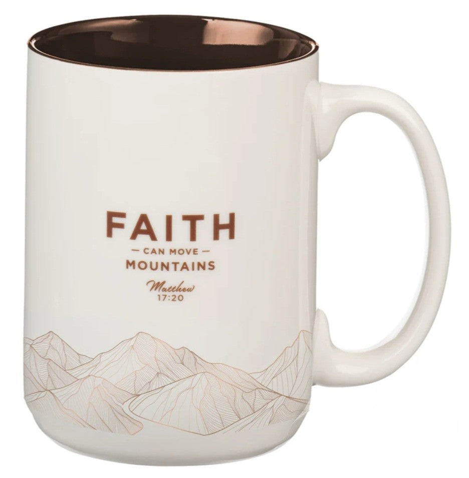 Faith Can Move Mountains White Ceramic Mug with Brown Interior