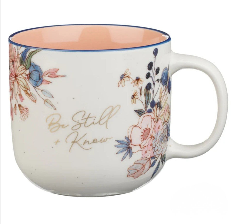 Be Still and Know Floral Ceramic Mug with Peach Interior