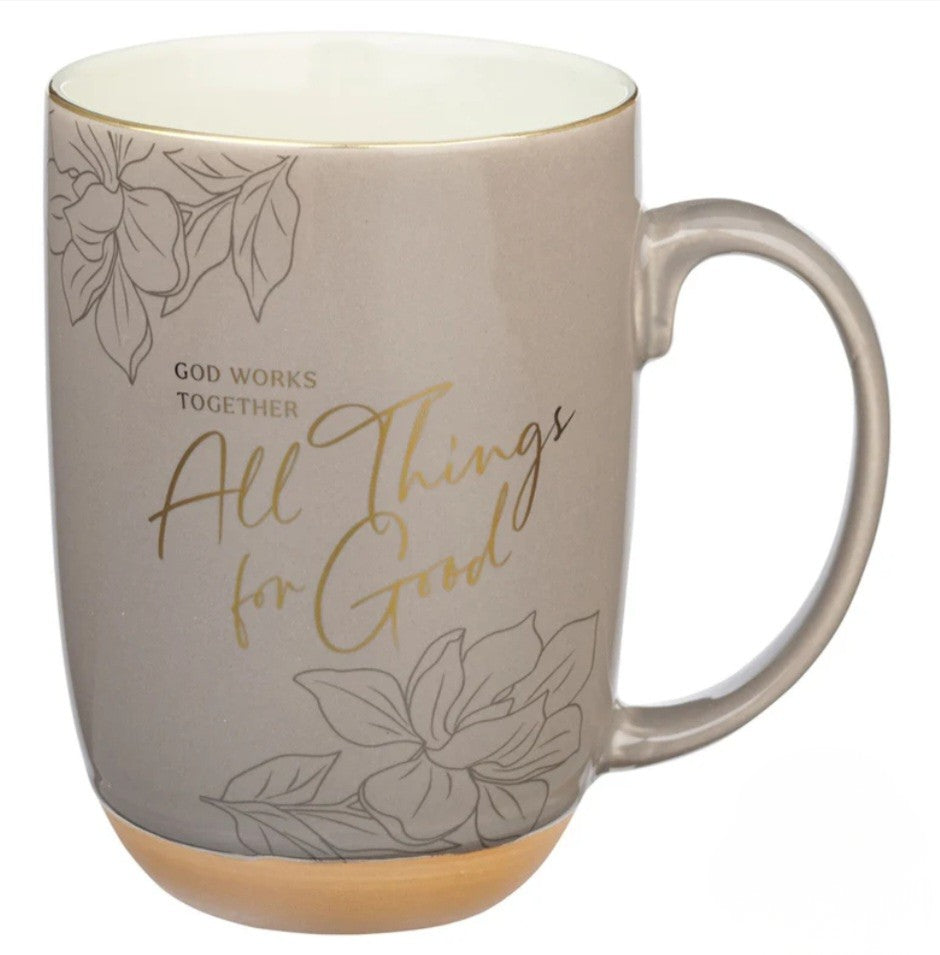 God Works Together All Things for Good Taupe Ceramic Mug with Cream Interior