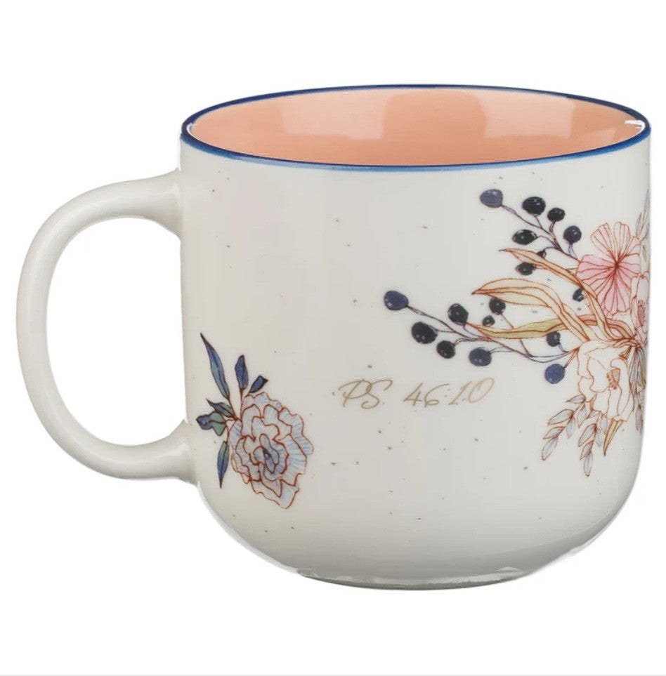 Be Still and Know Floral Ceramic Mug with Peach Interior
