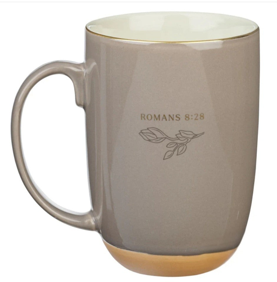 God Works Together All Things for Good Taupe Ceramic Mug with Cream Interior