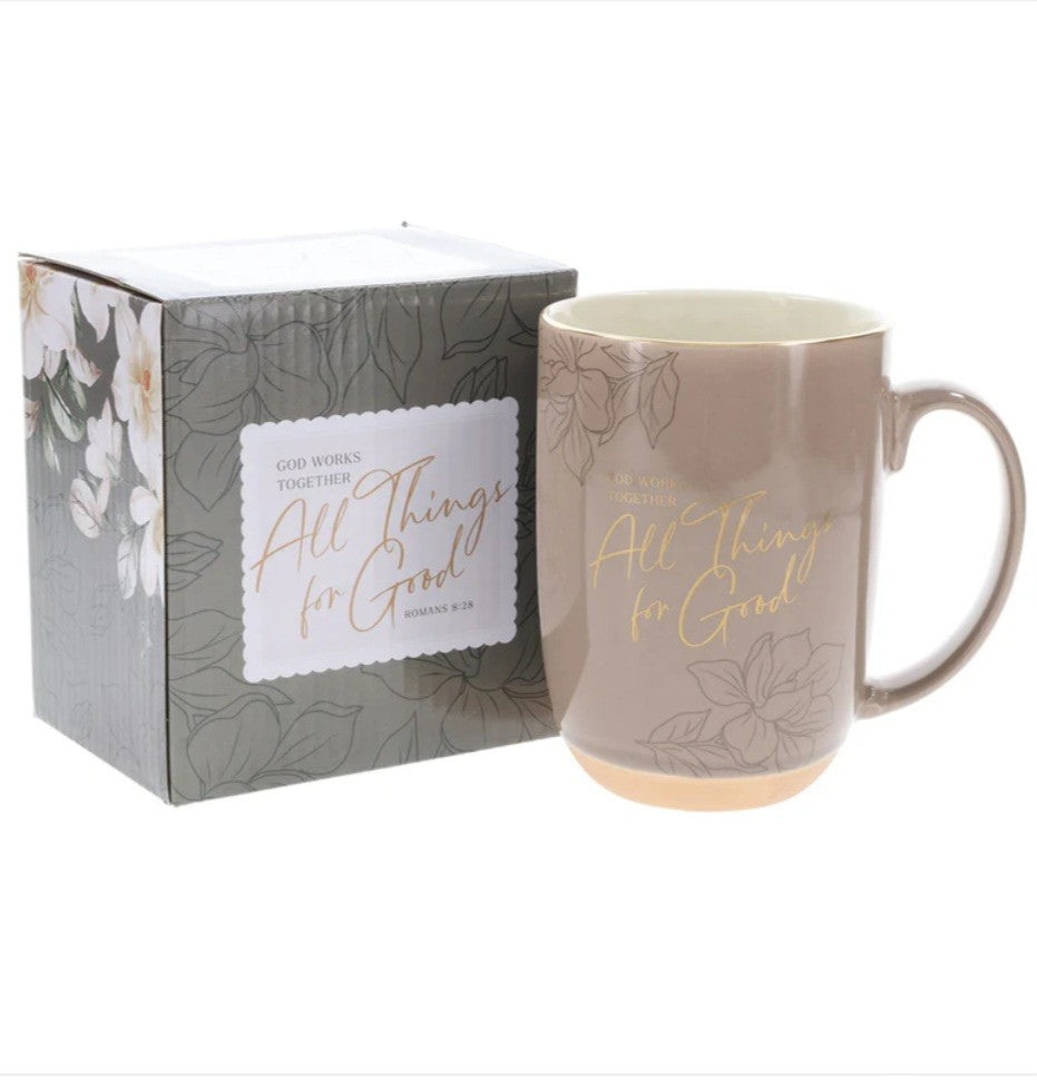 God Works Together All Things for Good Taupe Ceramic Mug with Cream Interior