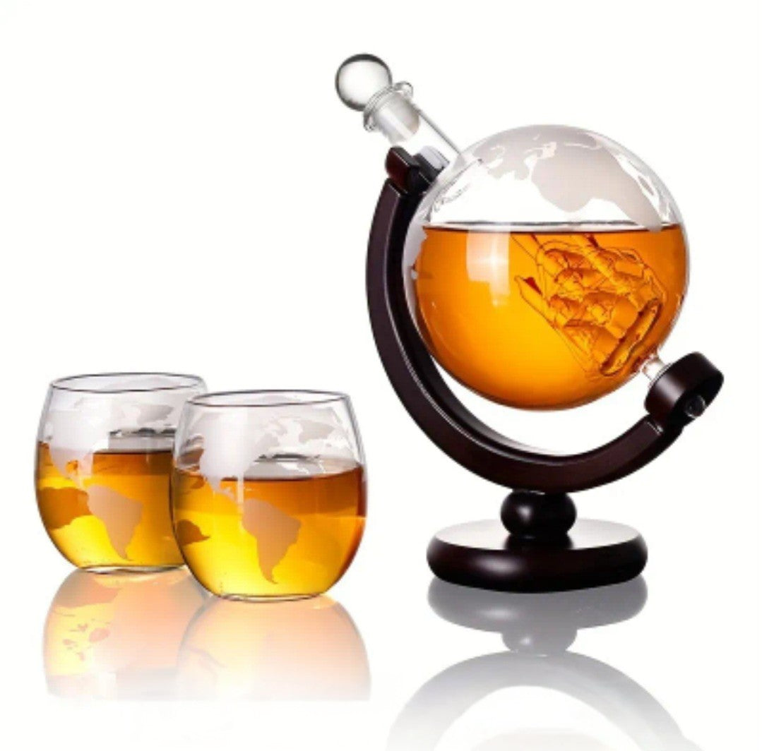 Globe Whiskey Decanter Set (Bottle + 2 Glasses)